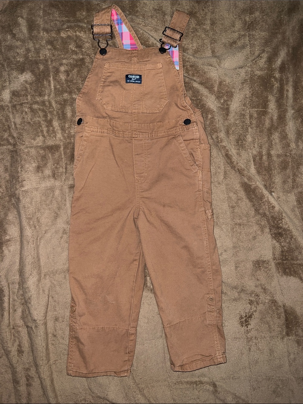 OshKosh B'gosh Tan Brown Kids Overalls with Plaid Lining Size 4T